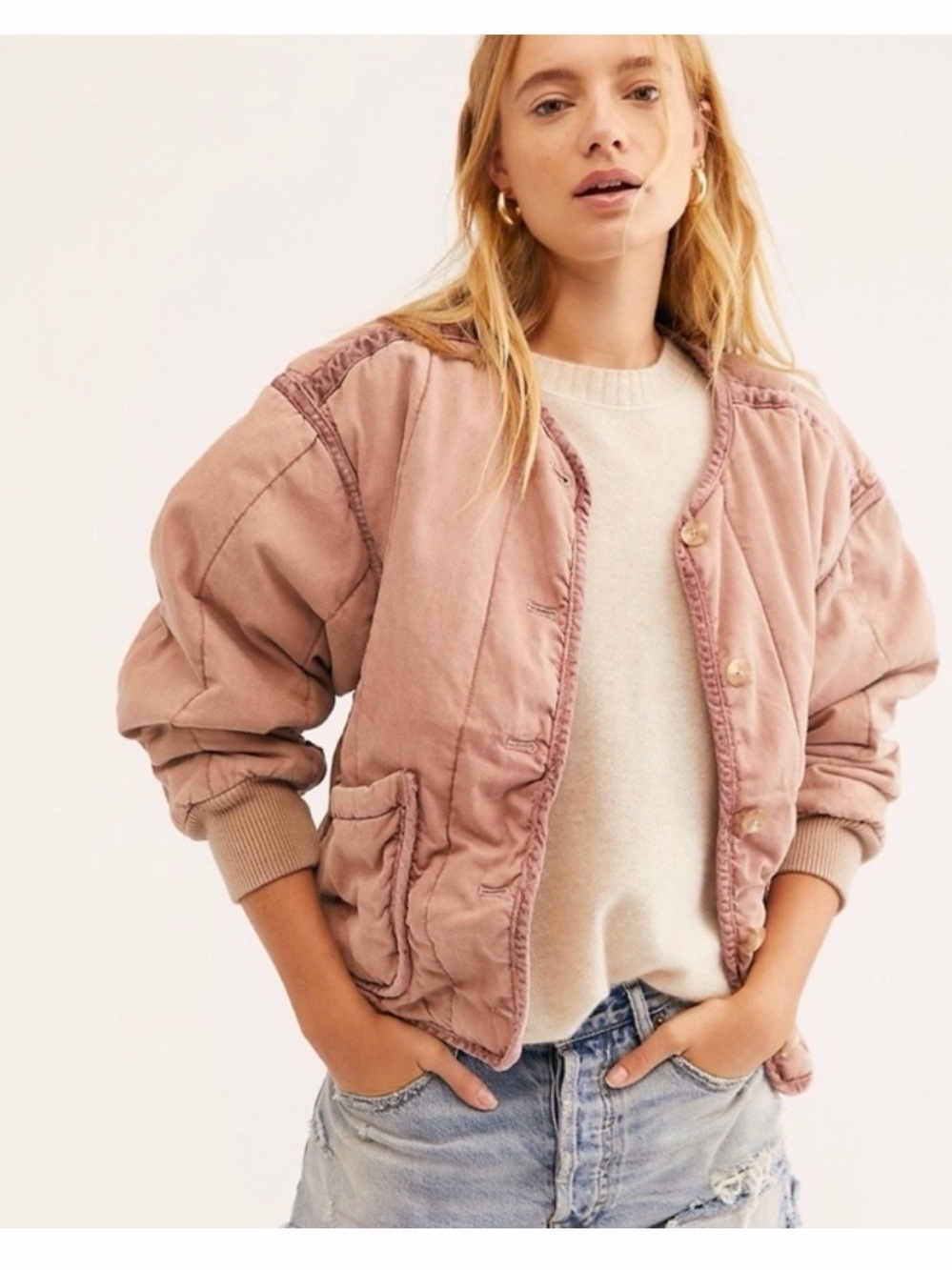 Free People Dusty Rose Quilted Bomber Jacket